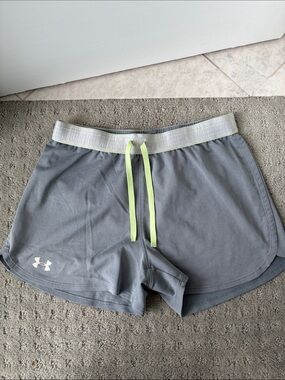 Under Armour Gray Women's Athletic Shorts with Neon Yellow Drawstring
